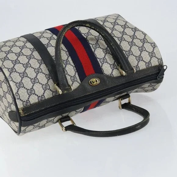 GUCCI GG Supreme Sherry Line Boston Bag PVC Navy Gold Red Auth 150128 - Picture 6 of 16